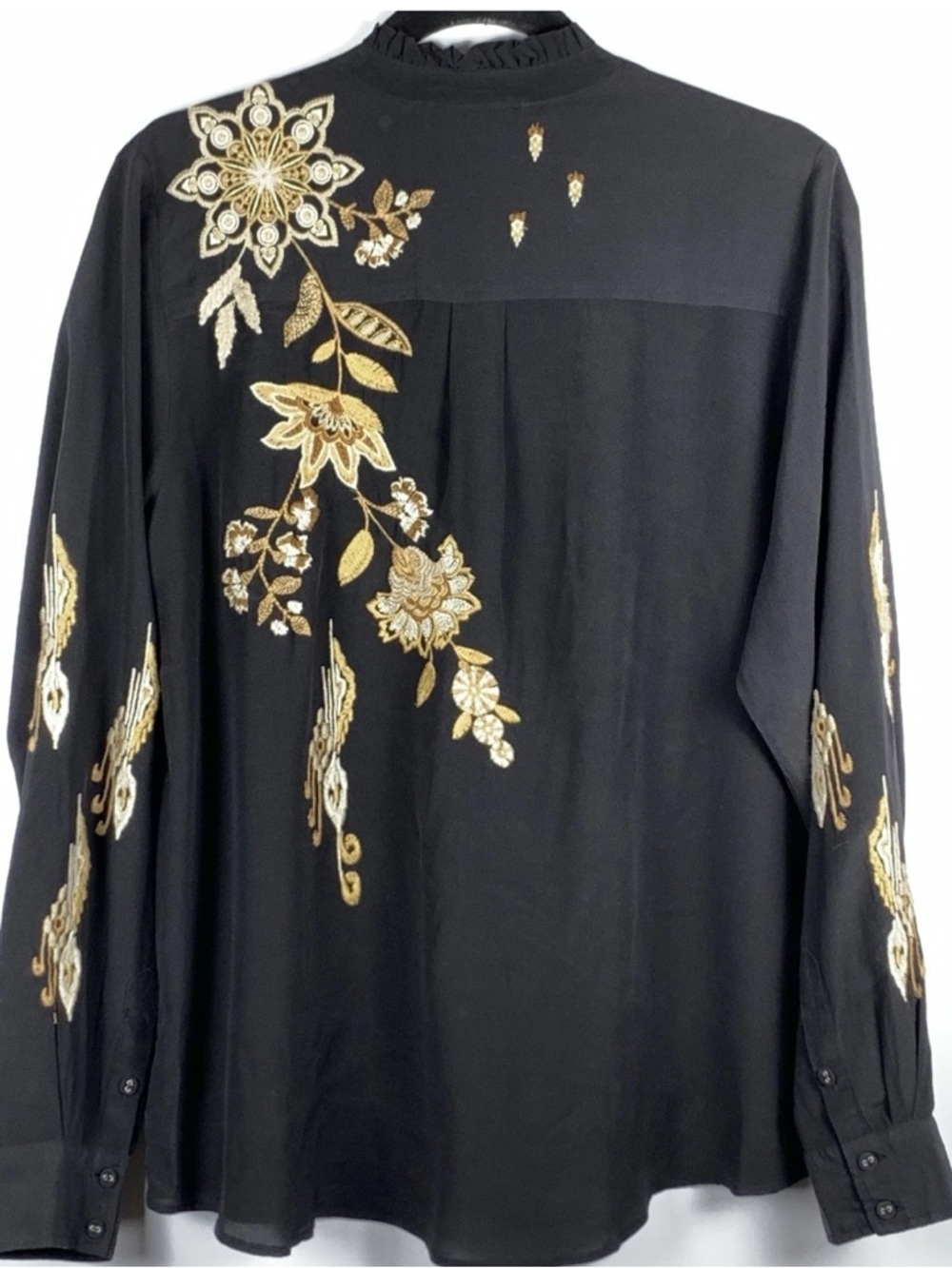 Johnny Was Workshop Silk Embroidered Boho Blouse Black Gold Button Front S - Picture 3 of 13